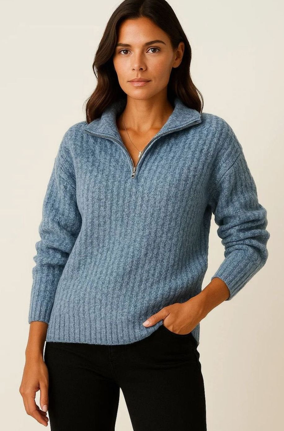 Women's Ribbed Half-Zip High-Neck Sweater, Mauve Pink - Blue