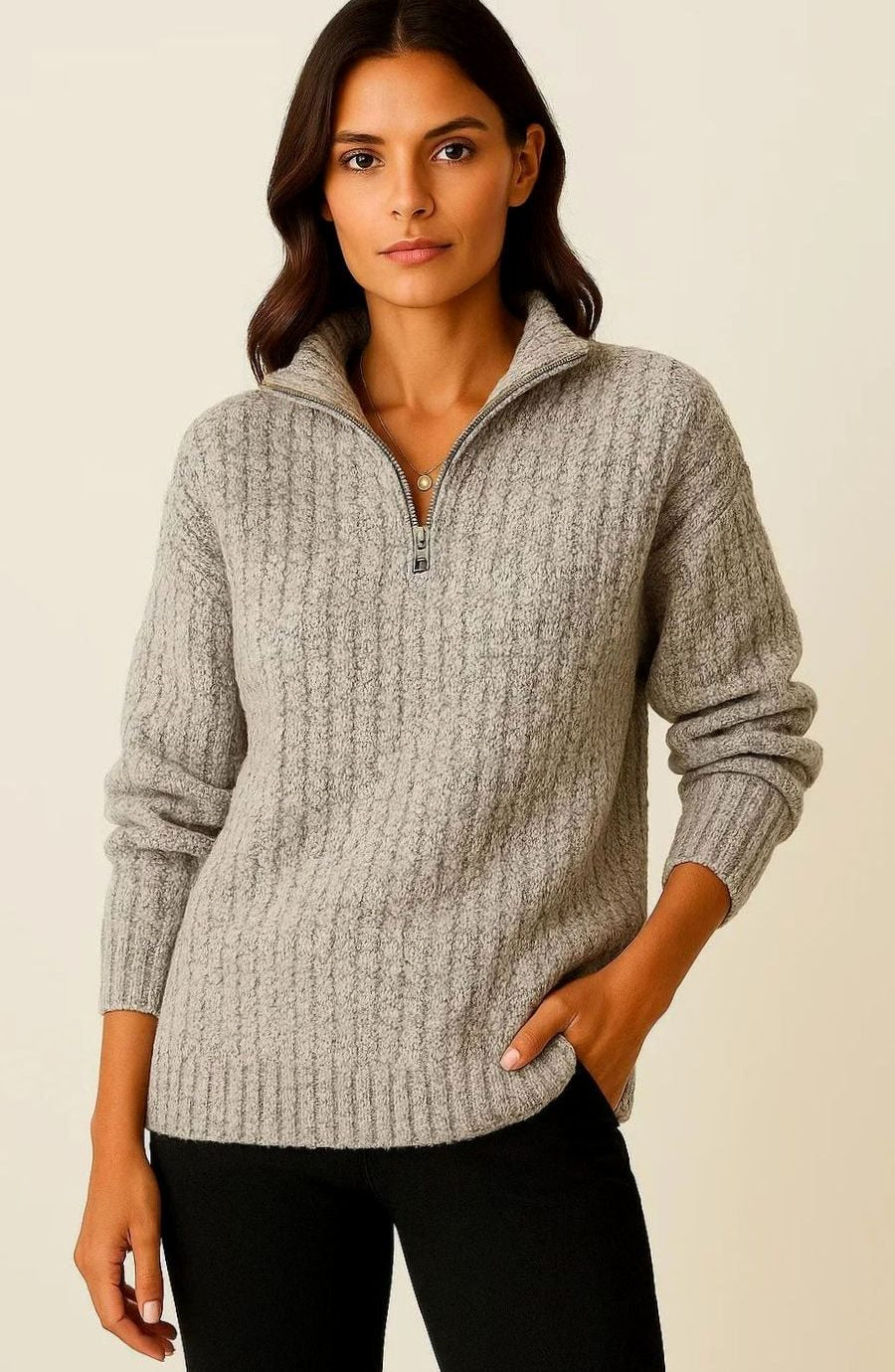 Women's Ribbed Half-Zip High-Neck Sweater, Mauve Pink - Light Gray