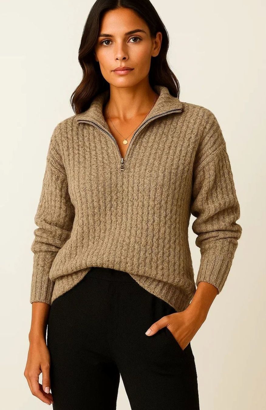Women's Ribbed Half-Zip High-Neck Sweater, Mauve Pink - Earth Brown
