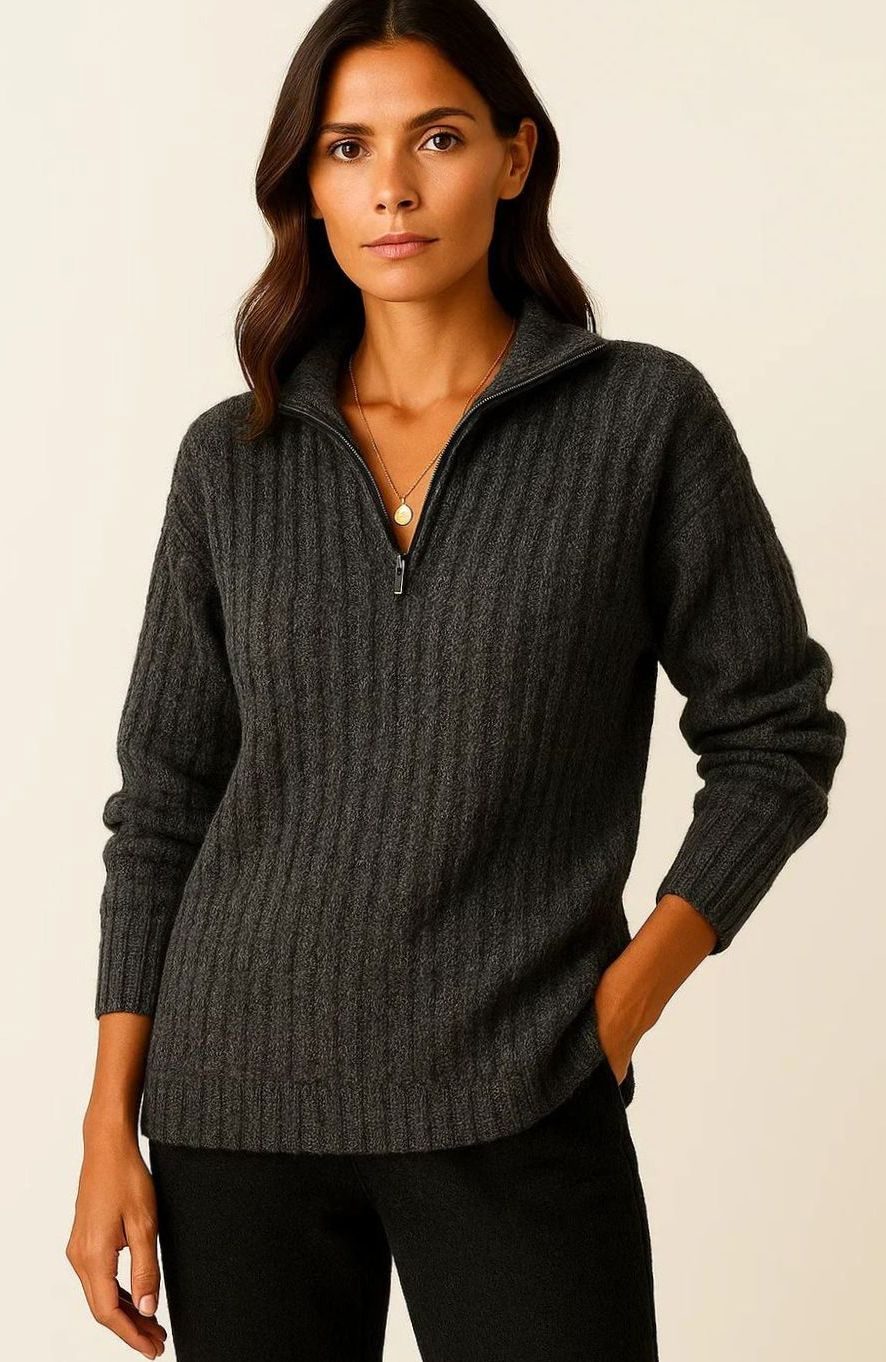 Women's Ribbed Half-Zip High-Neck Sweater, Mauve Pink - Dark Gray