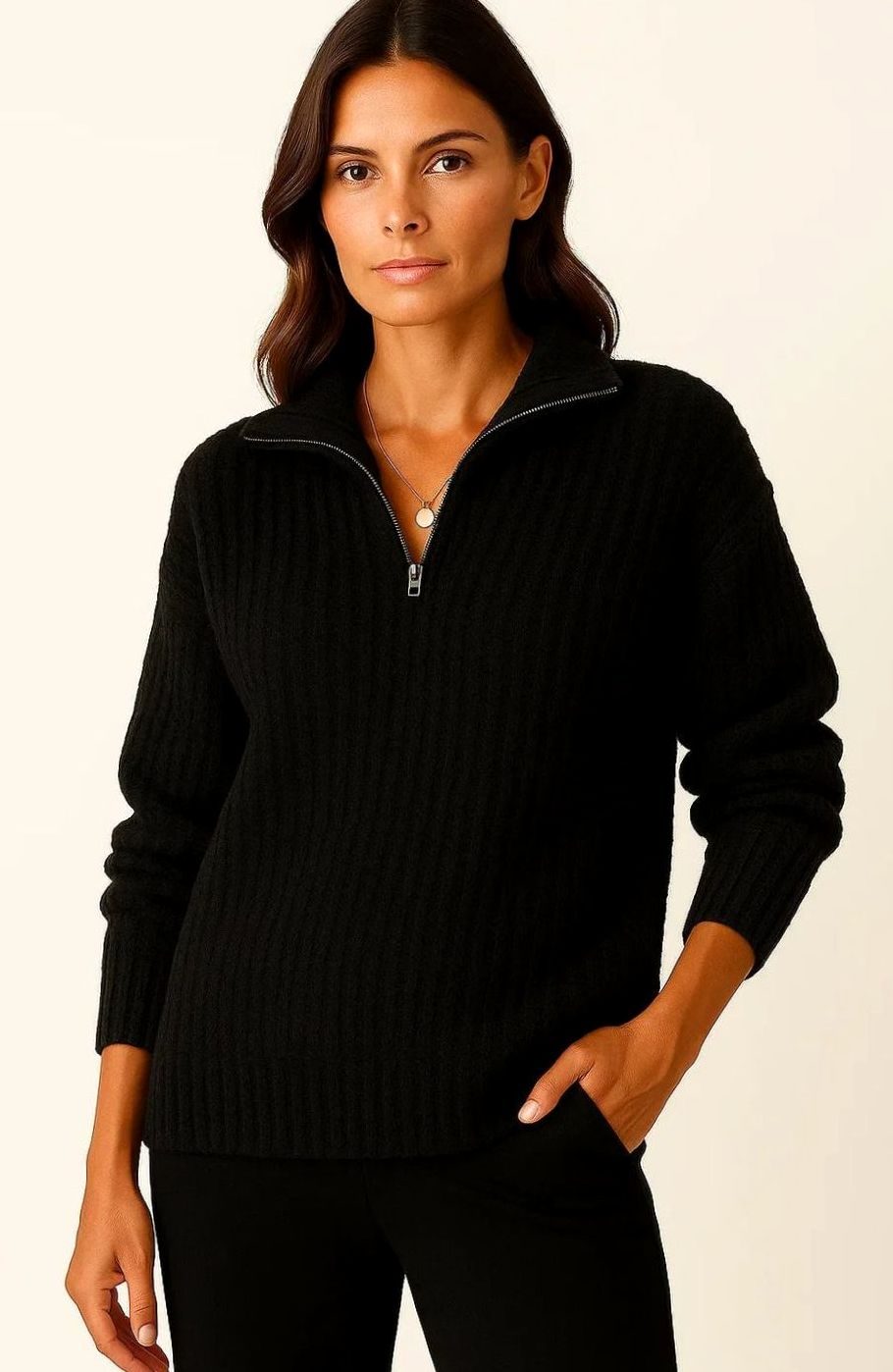 Women's Ribbed Half-Zip High-Neck Sweater, Mauve Pink - Black