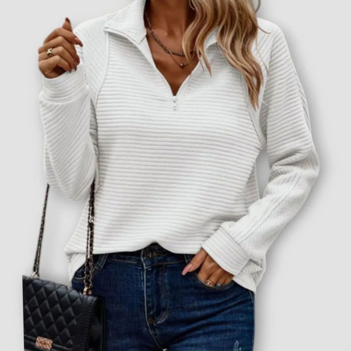 Women's Ribbed Half-Zip Quarter-Zip Pullover Sweater - White