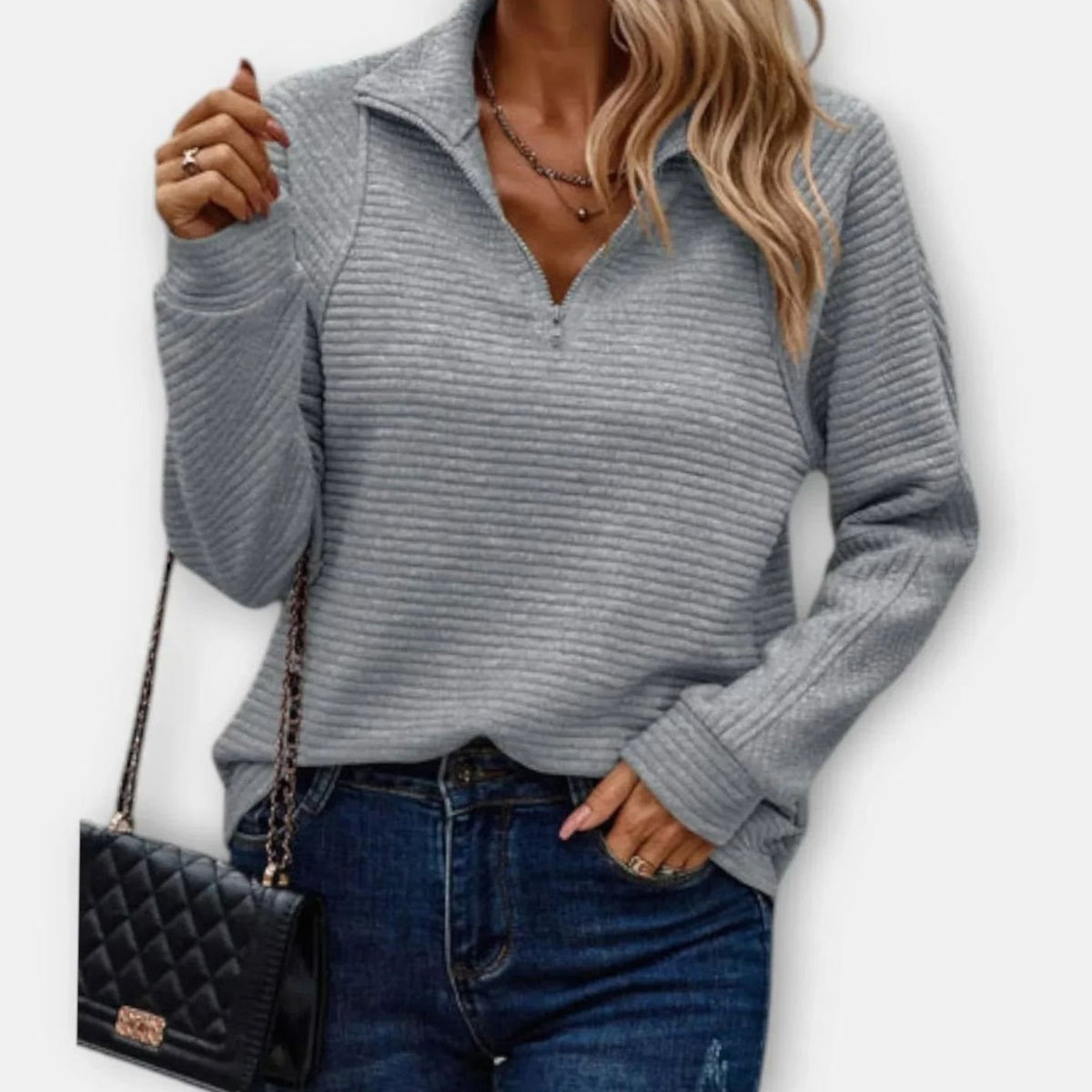 Women's Ribbed Half-Zip Quarter-Zip Pullover Sweater - Gray