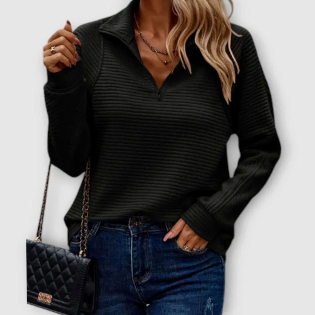 Women's Ribbed Half-Zip Quarter-Zip Pullover Sweater - Black