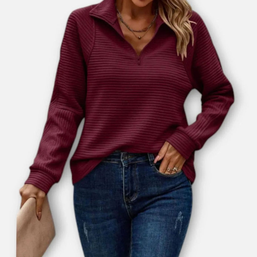 Women's Ribbed Half-Zip Quarter-Zip Pullover Sweater - Red