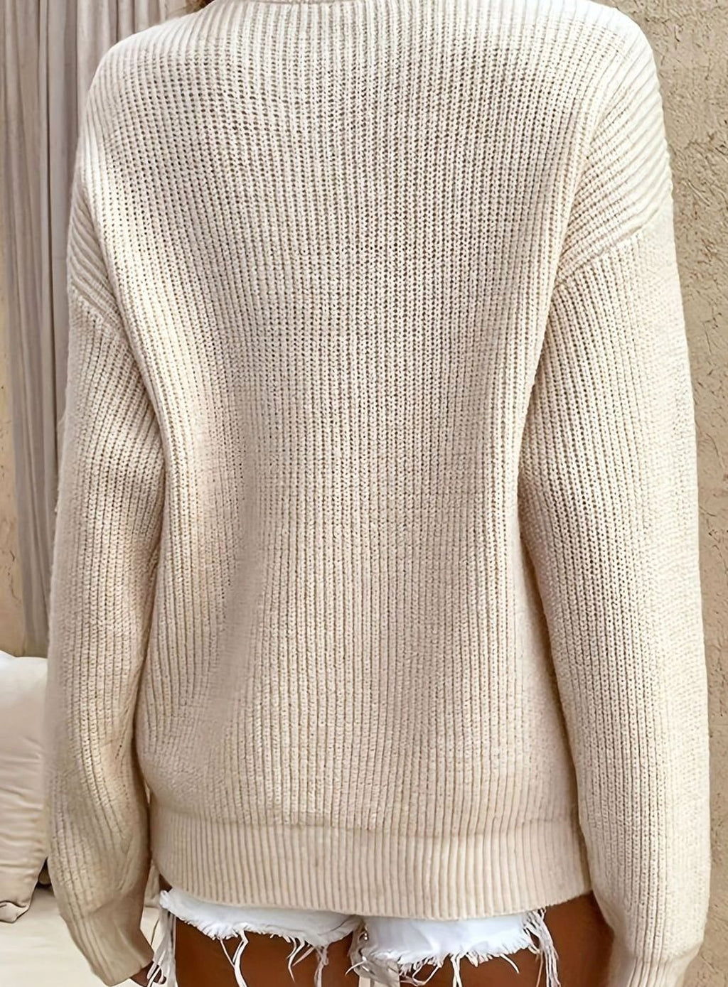 Women's Ribbed Henley Button-Neck Long Sleeve Sweater