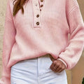 Women's Ribbed Henley Button-Neck Long Sleeve Sweater - Pink