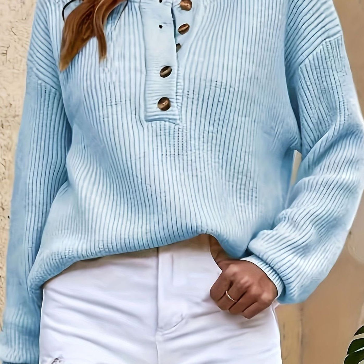 Women's Ribbed Henley Button-Neck Long Sleeve Sweater - Sky Blue