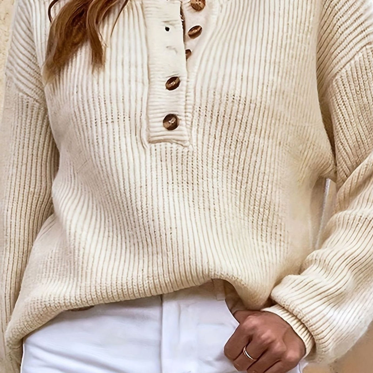 Women's Ribbed Henley Button-Neck Long Sleeve Sweater - Beige