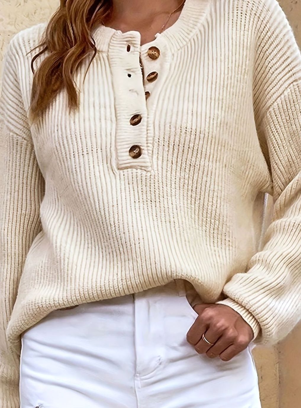 Women's Ribbed Henley Button-Neck Long Sleeve Sweater
