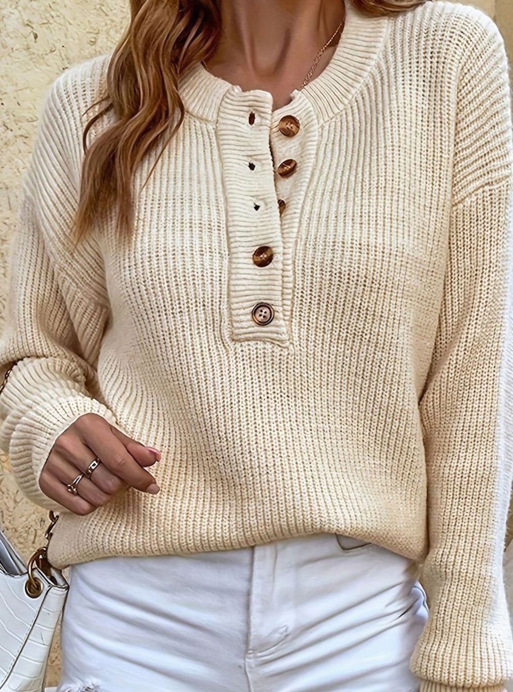 Women's Ribbed Henley Button-Neck Long Sleeve Sweater