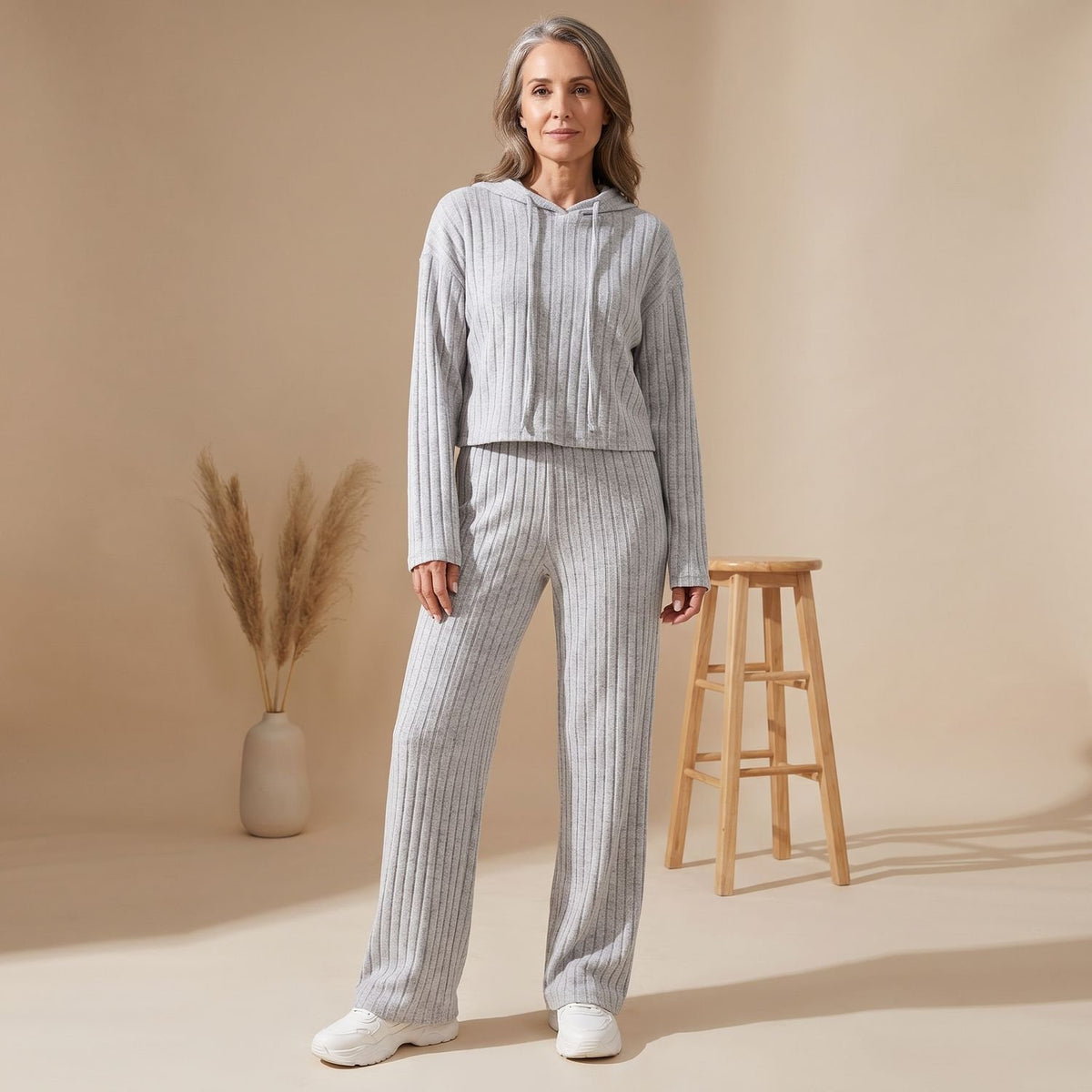 Women's Ribbed Hoodie Sweatpants Two Piece Set Lounge Matching - Gray