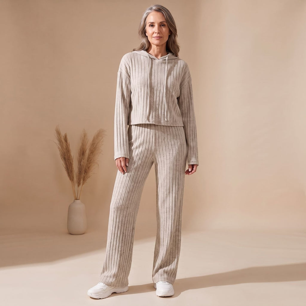 Women's Ribbed Hoodie Sweatpants Two Piece Set Lounge Matching - Beige