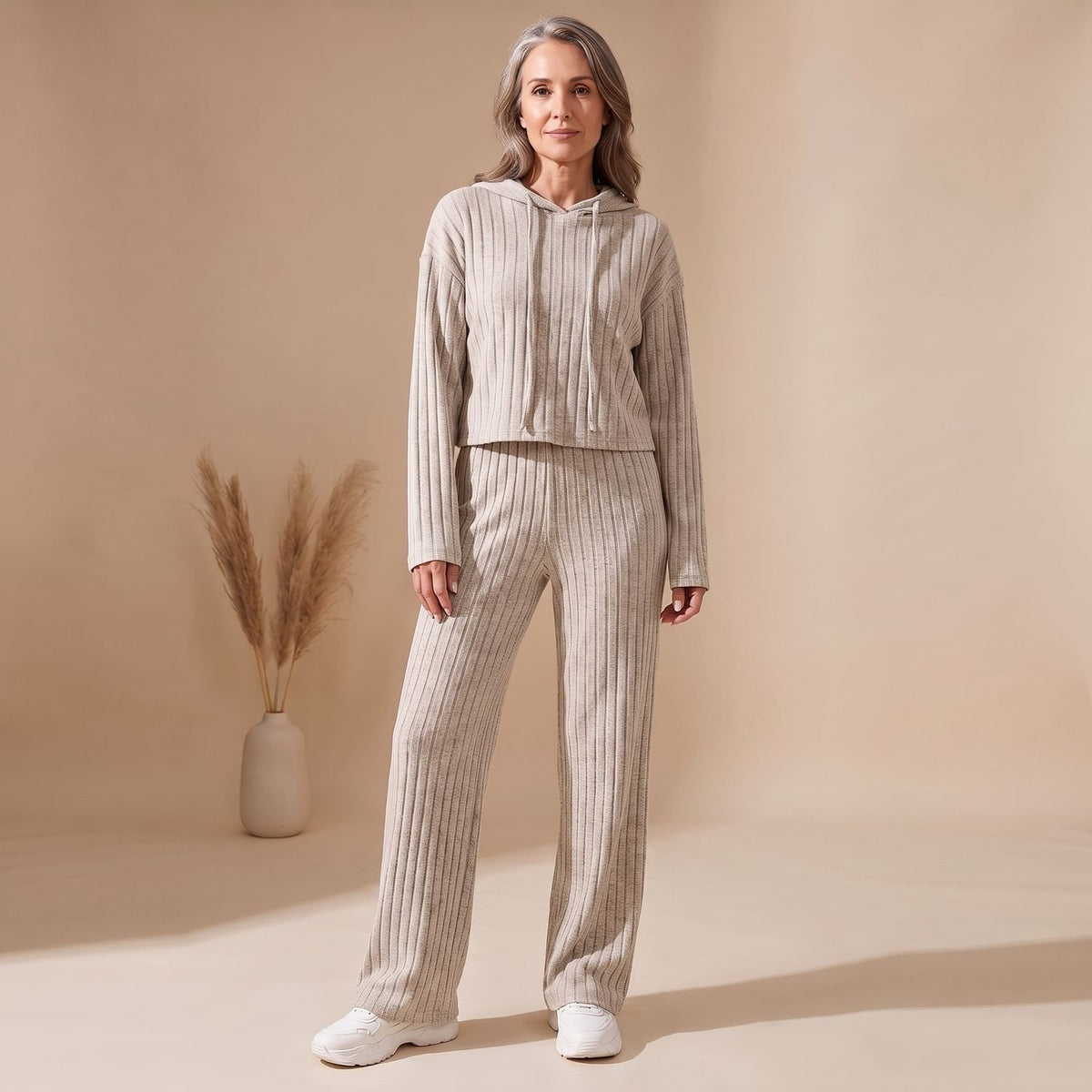 Women's Ribbed Hoodie Sweatpants Two Piece Set Lounge Matching - Beige
