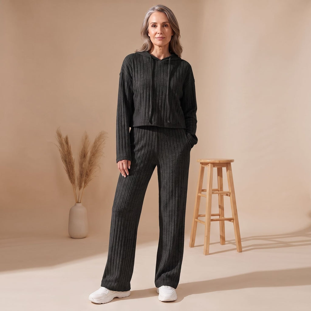 Women's Ribbed Hoodie Sweatpants Two Piece Set Lounge Matching - Black