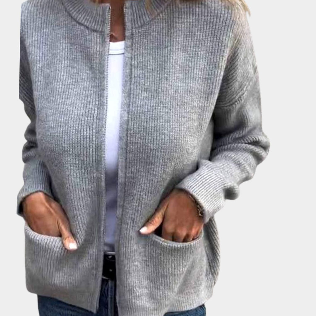 Women's Ribbed Knit Full-Zip Cardigan with Front Pockets - Gray