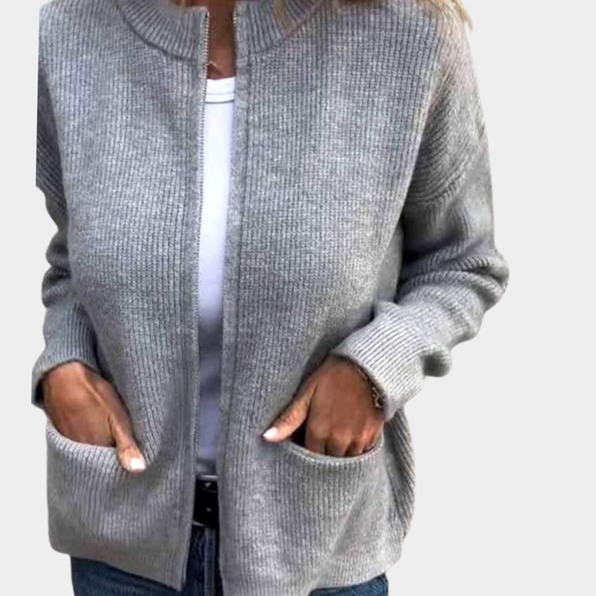 Women's Ribbed Knit Full-Zip Cardigan with Front Pockets - Gray