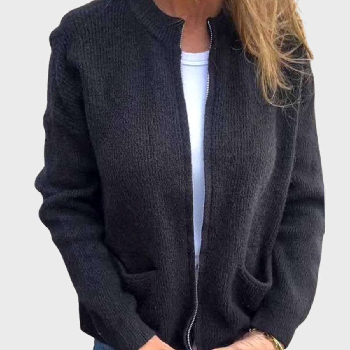 Women's Ribbed Knit Full-Zip Cardigan with Front Pockets - Black