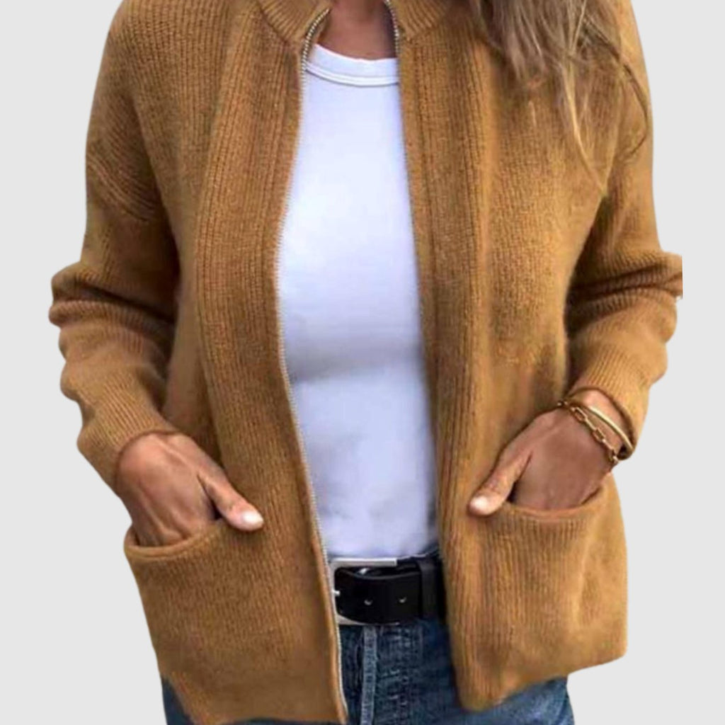 Women's Ribbed Knit Full-Zip Cardigan with Front Pockets - Brown