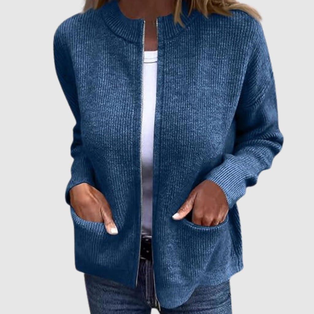 Women's Ribbed Knit Full-Zip Cardigan with Front Pockets - Blue