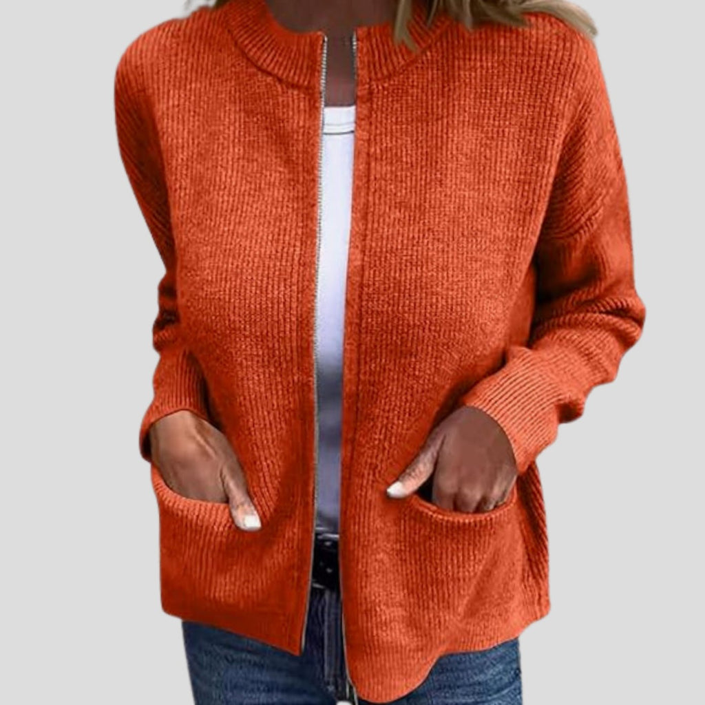 Women's Ribbed Knit Full-Zip Cardigan with Front Pockets - Orange
