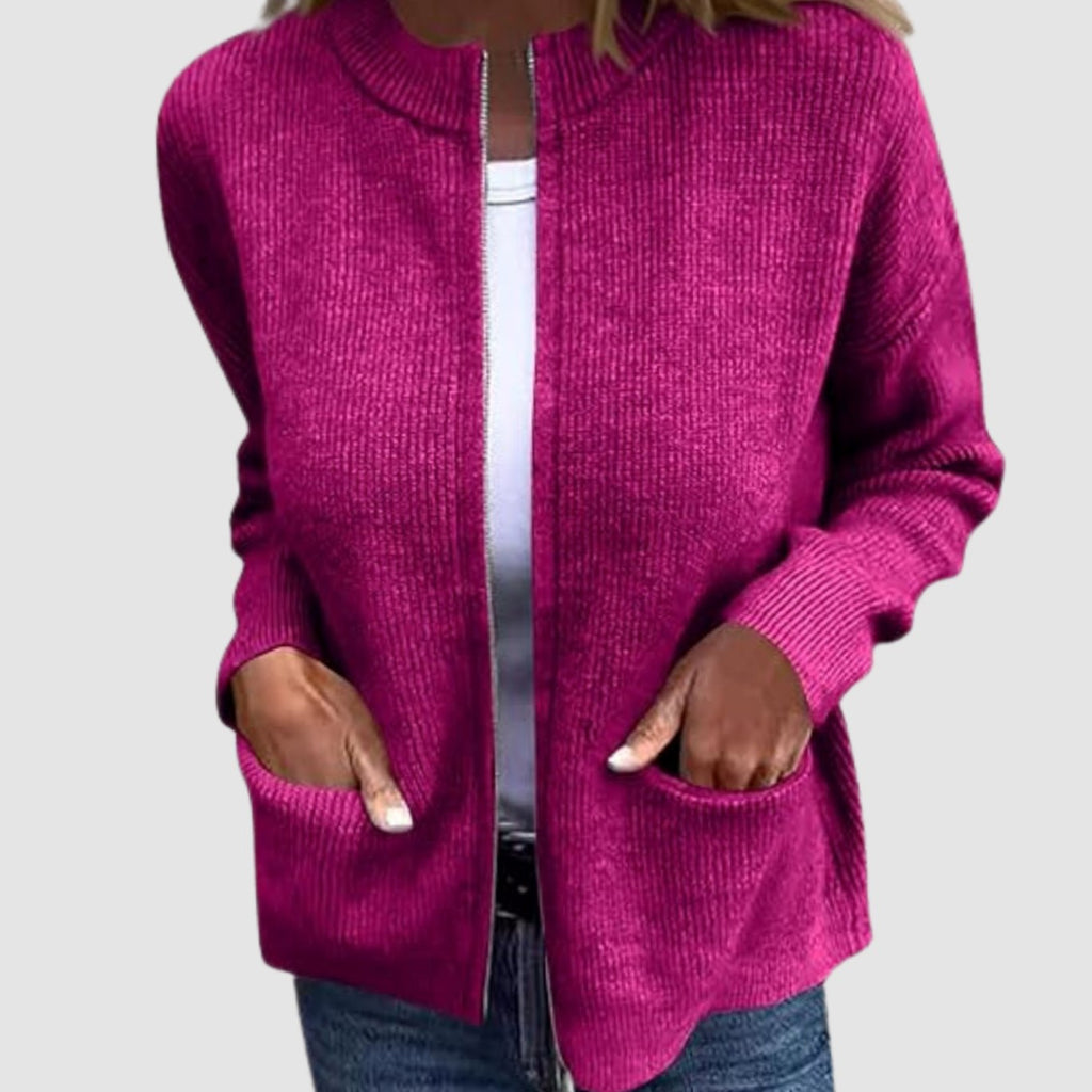 Women's Ribbed Knit Full-Zip Cardigan with Front Pockets - Pink