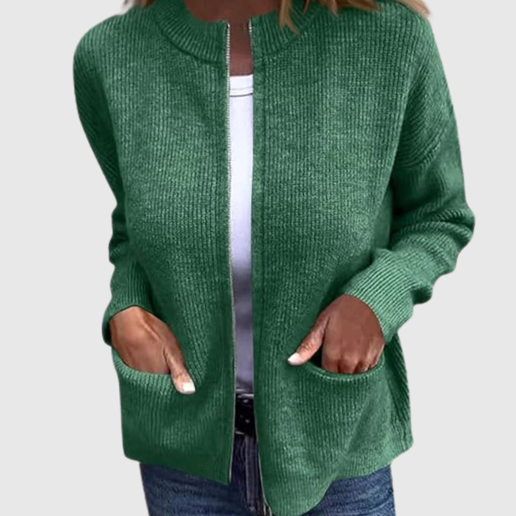 Women's Ribbed Knit Full-Zip Cardigan with Front Pockets - Green