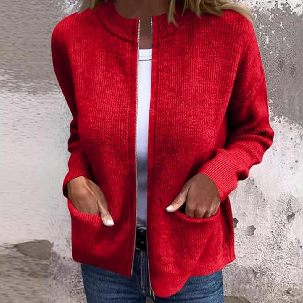 Women's Ribbed Knit Full-Zip Cardigan with Front Pockets - Red