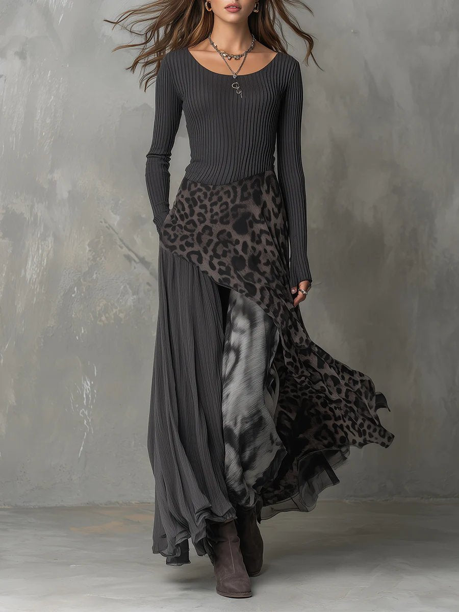 Women's Ribbed Knit Leopard Print Maxi Long Sleeve Dress - Gray