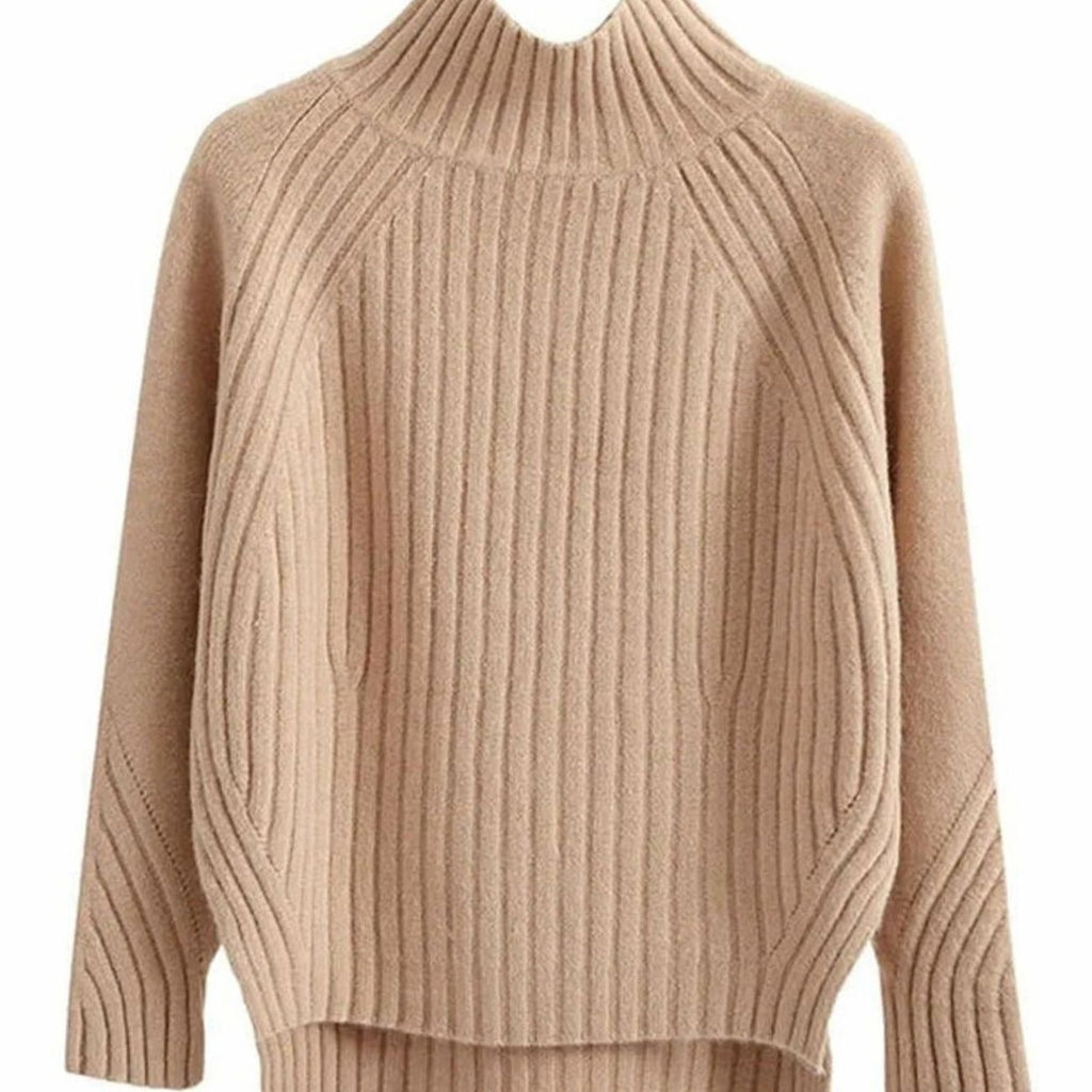 Women's Ribbed Knit Mock-Neck Long Sleeve Sweater - Khaki
