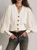 Women's Ribbed Knit Puff-Sleeve Button-Front Cropped Cardigan - White
