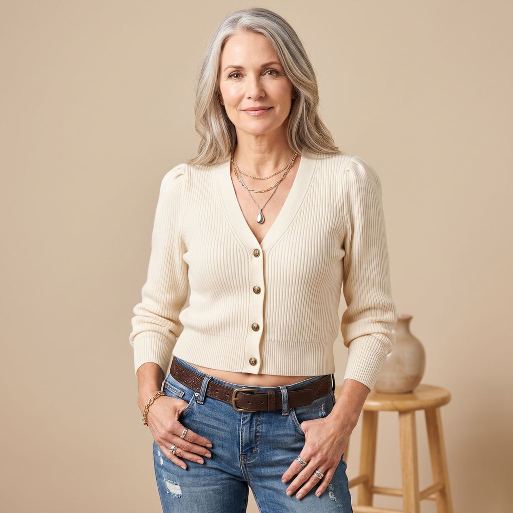Women's Ribbed Knit Puff-Sleeve Button-Front Cropped Cardigan