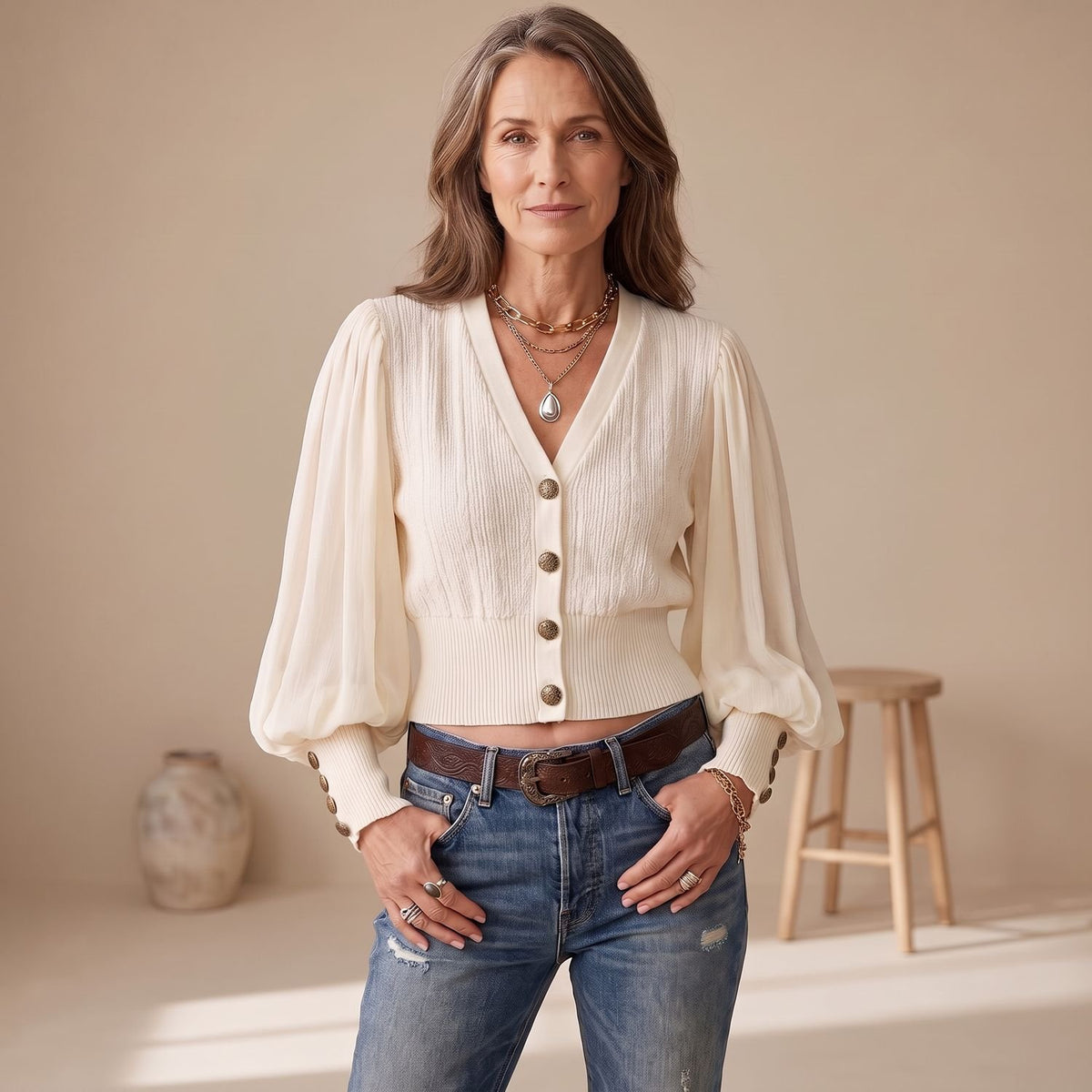 Women's Ribbed Knit Puff-Sleeve Button-Front Cropped Cardigan