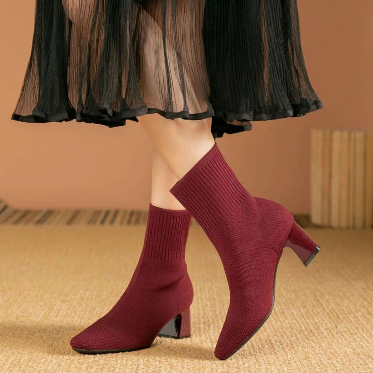 Women's Ribbed Knit Slip-On Block Heel Ankle Boots - Red
