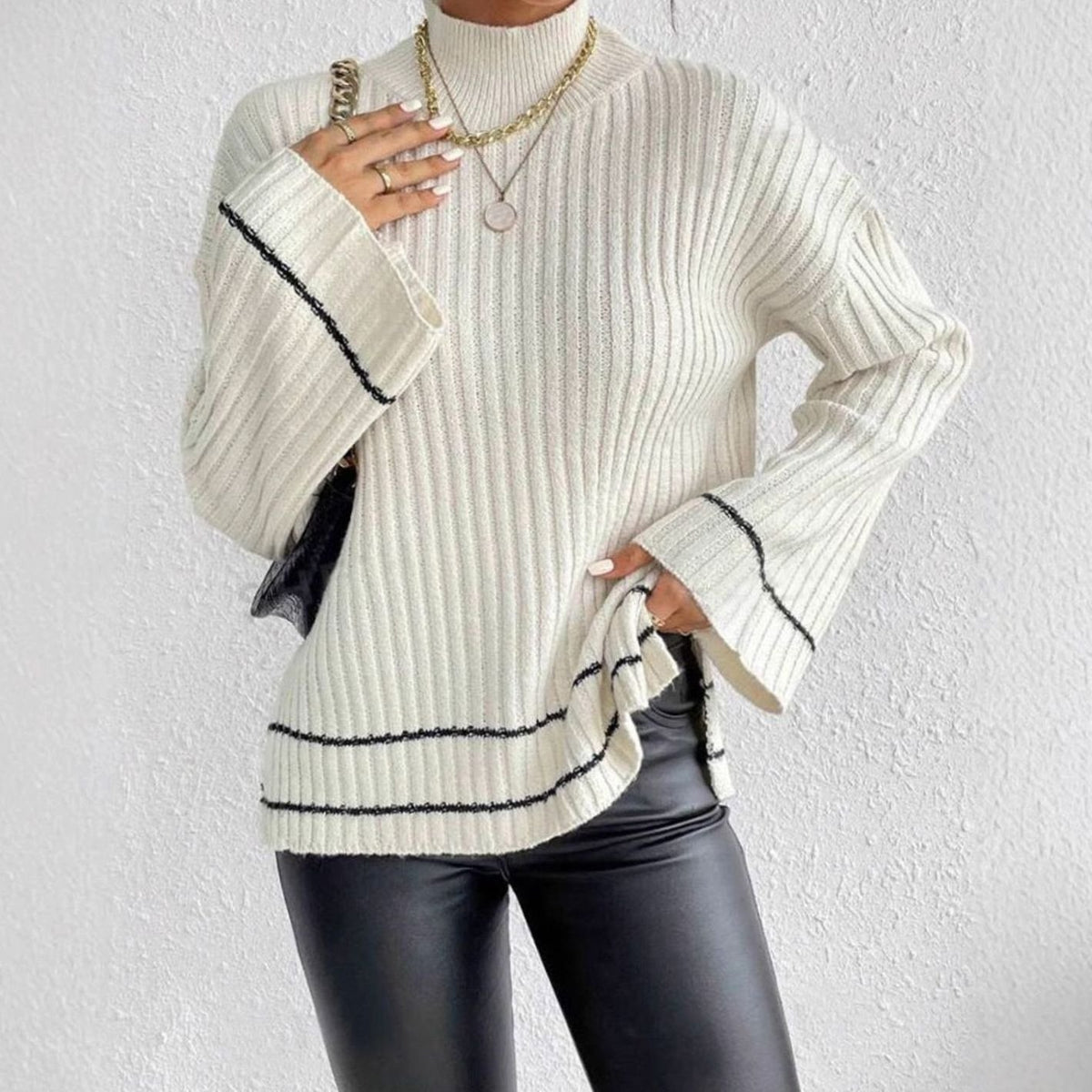 Women's Ribbed Knit Sweater Mock-Neck Flare-Sleeve Striped-Trim Pullover