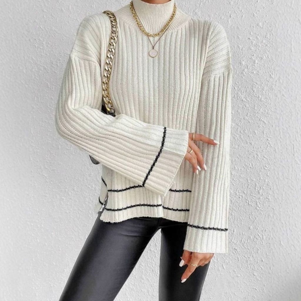 Women's Ribbed Knit Sweater Mock-Neck Flare-Sleeve Striped-Trim Pullover