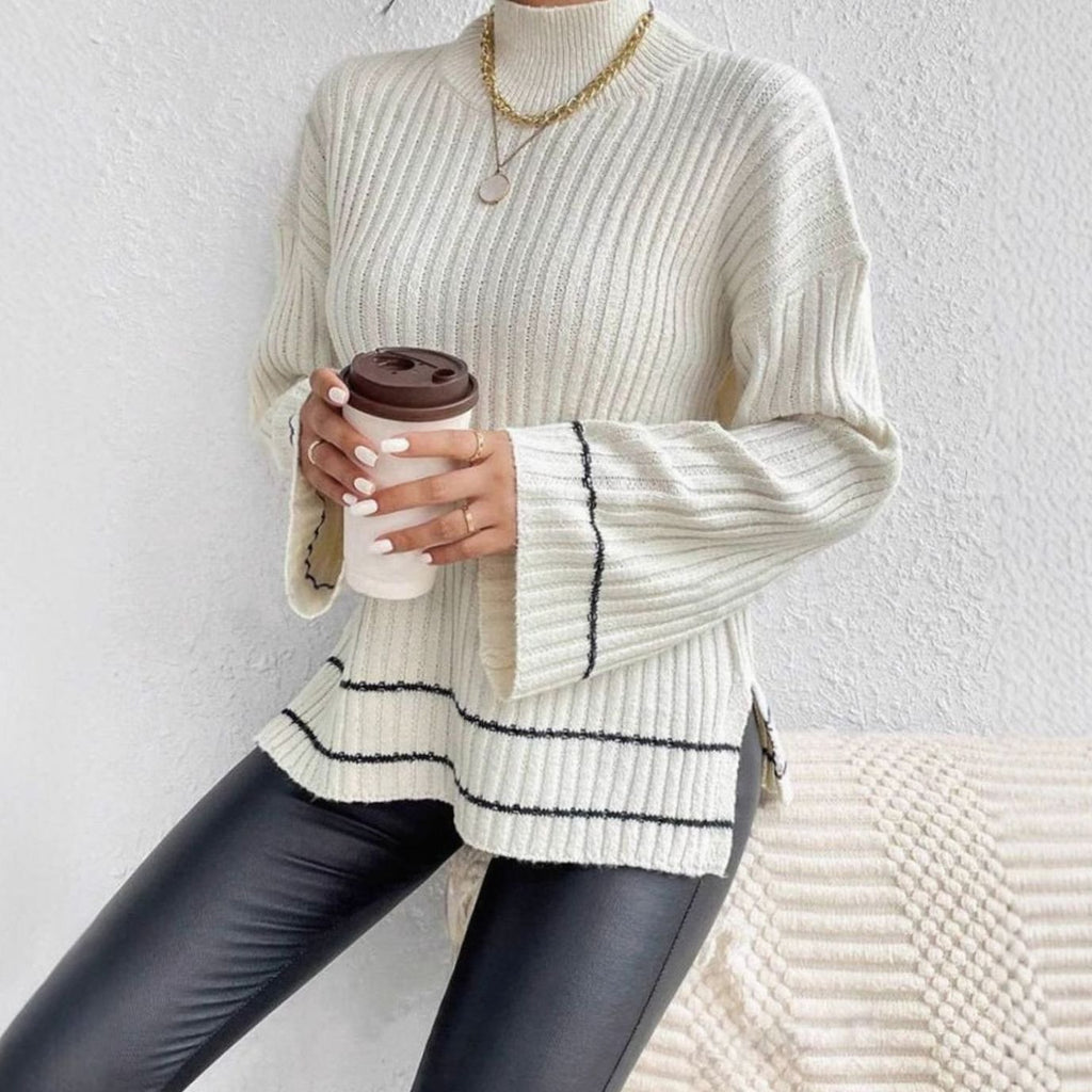 Women's Ribbed Knit Sweater Mock-Neck Flare-Sleeve Striped-Trim Pullover