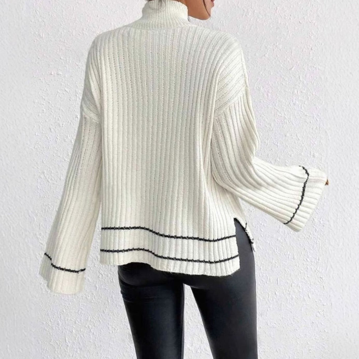Women's Ribbed Knit Sweater Mock-Neck Flare-Sleeve Striped-Trim Pullover