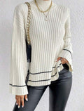Women's Ribbed Knit Sweater Mock-Neck Flare-Sleeve Striped-Trim Pullover - White