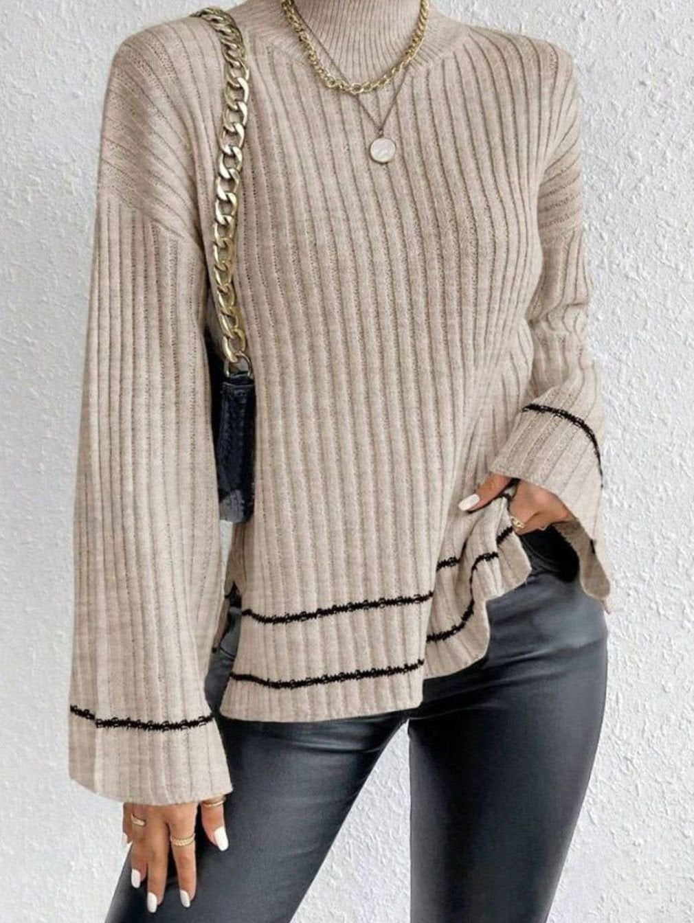 Women's Ribbed Knit Sweater Mock-Neck Flare-Sleeve Striped-Trim Pullover - Apricot