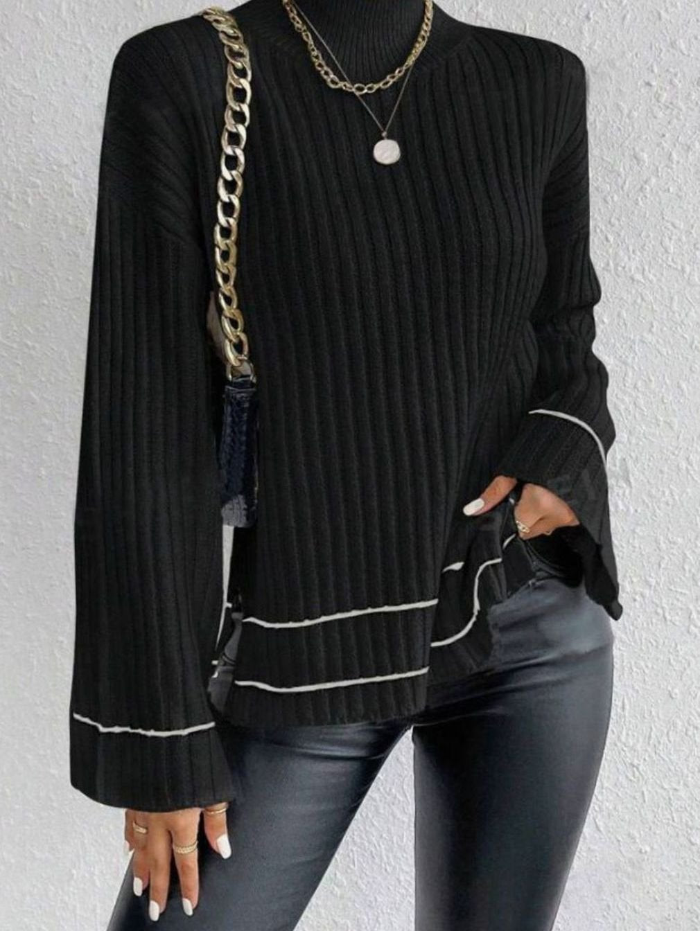 Women's Ribbed Knit Sweater Mock-Neck Flare-Sleeve Striped-Trim Pullover - Black