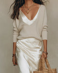 Women's Ribbed Knit V-Neck Sweater Satin Midi Slip Dress Set - White