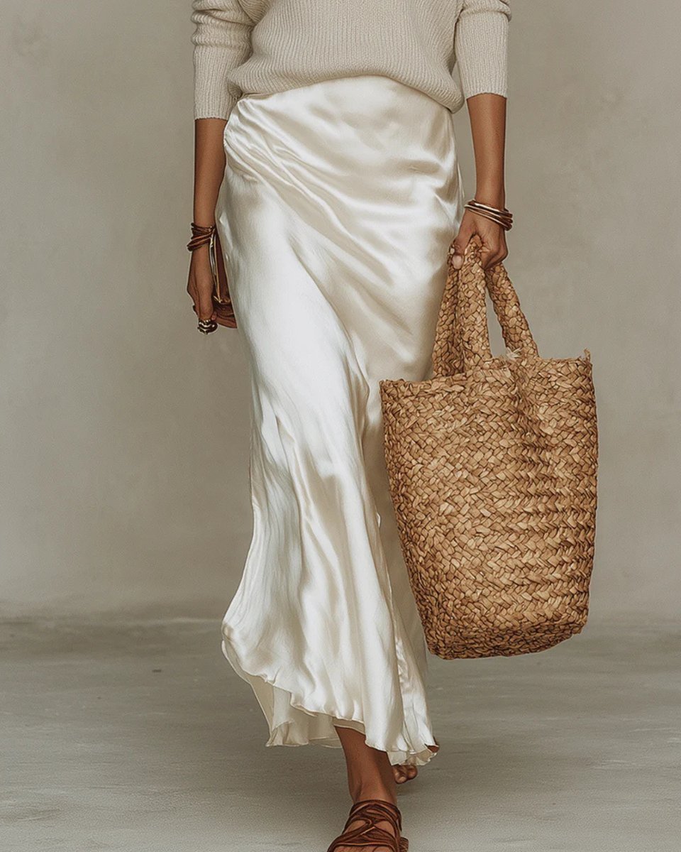 Women's Ribbed Knit V-Neck Sweater Satin Midi Slip Dress Set