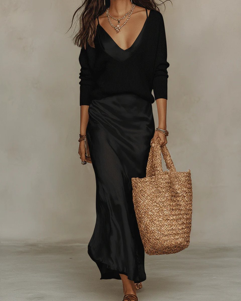 Women's Ribbed Knit V-Neck Sweater Satin Midi Slip Dress Set - Black
