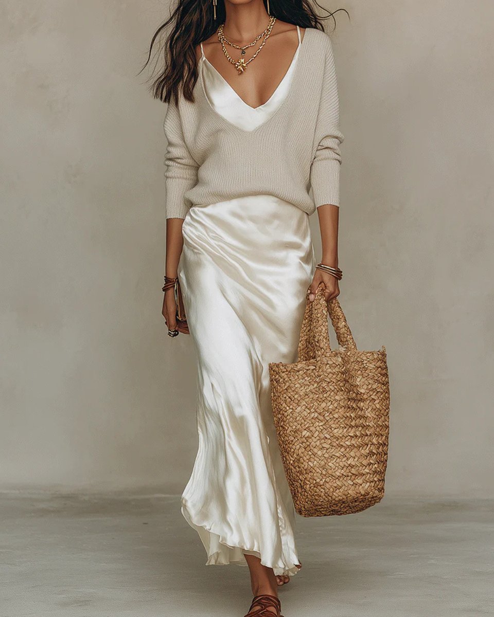 Women's Ribbed Knit V-Neck Sweater Satin Midi Slip Dress Set