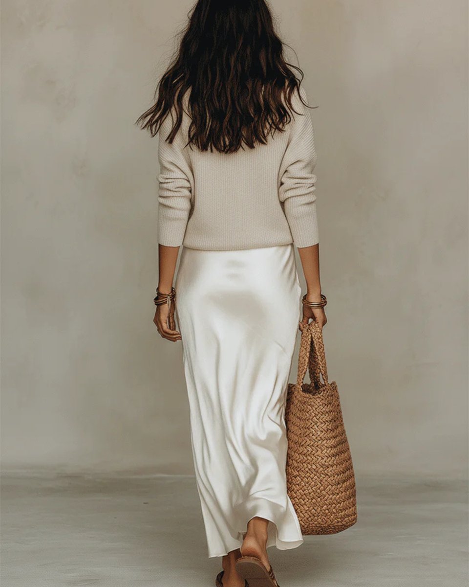 Women's Ribbed Knit V-Neck Sweater Satin Midi Slip Dress Set