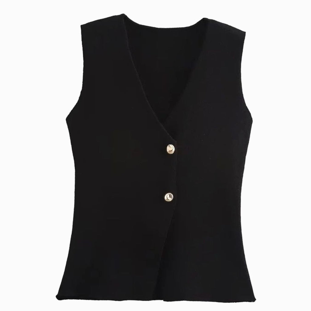 Women's Ribbed Knit Vest V-Neck Gold-Button Vest - Black