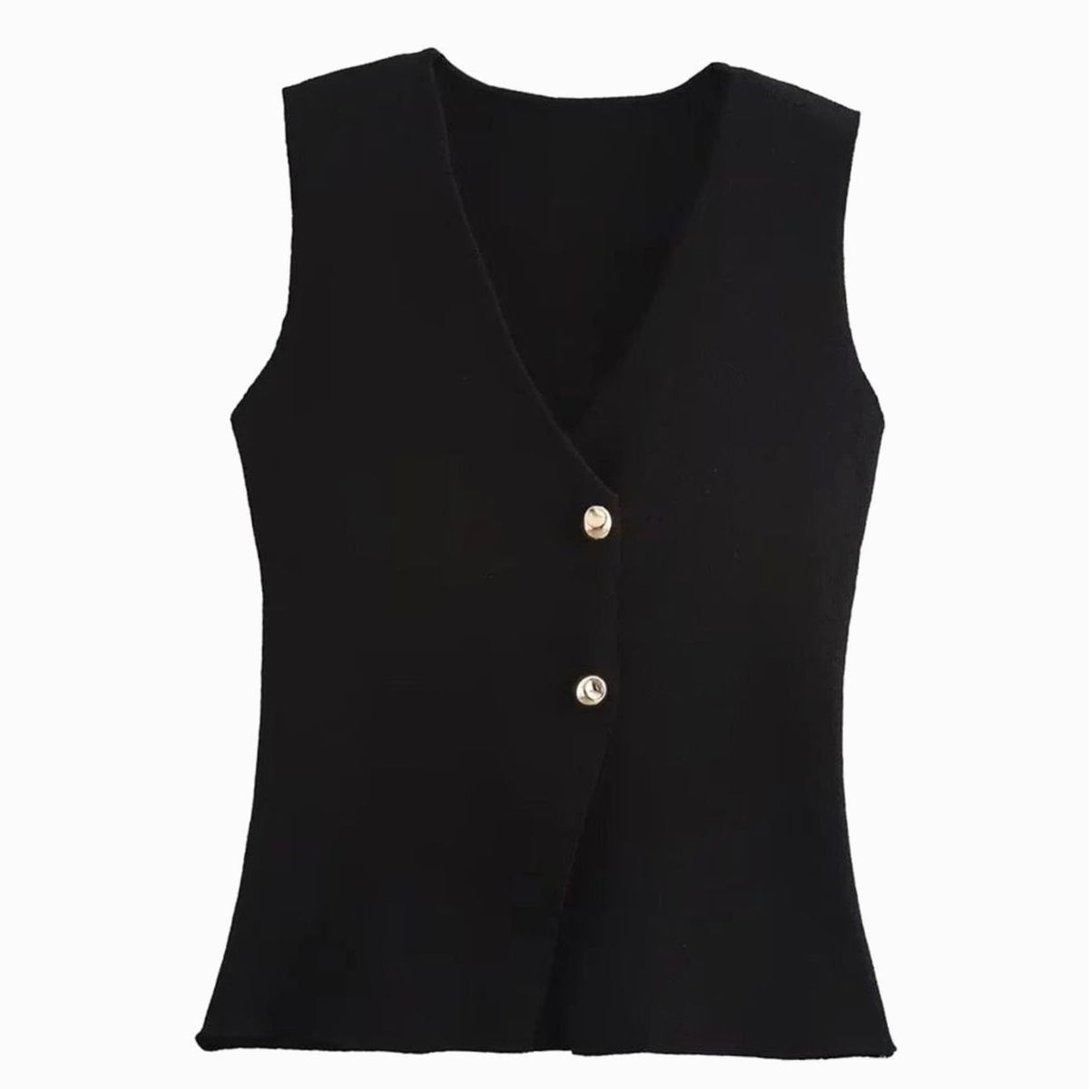 Women's Ribbed Knit Vest V-Neck Gold-Button Vest - Black