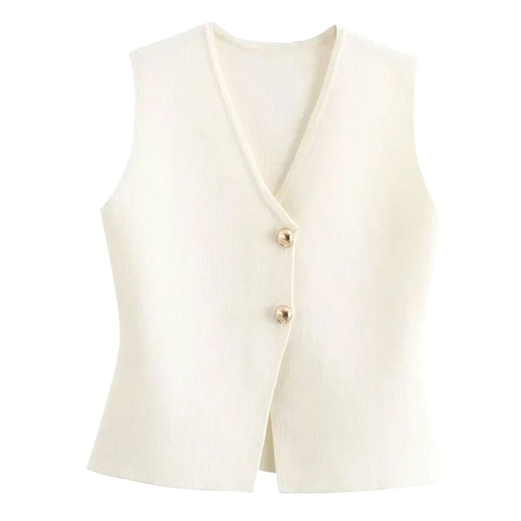 Women's Ribbed Knit Vest V-Neck Gold-Button Vest - White