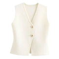 Women's Ribbed Knit Vest V-Neck Gold-Button Vest - White